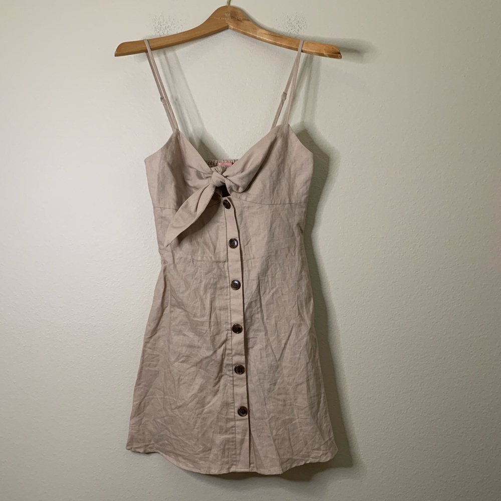 Le Rumi Linen Cotton Tan Front Tie Mini Dress S